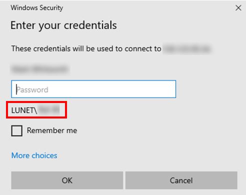 Windows security information prompt box for credentials